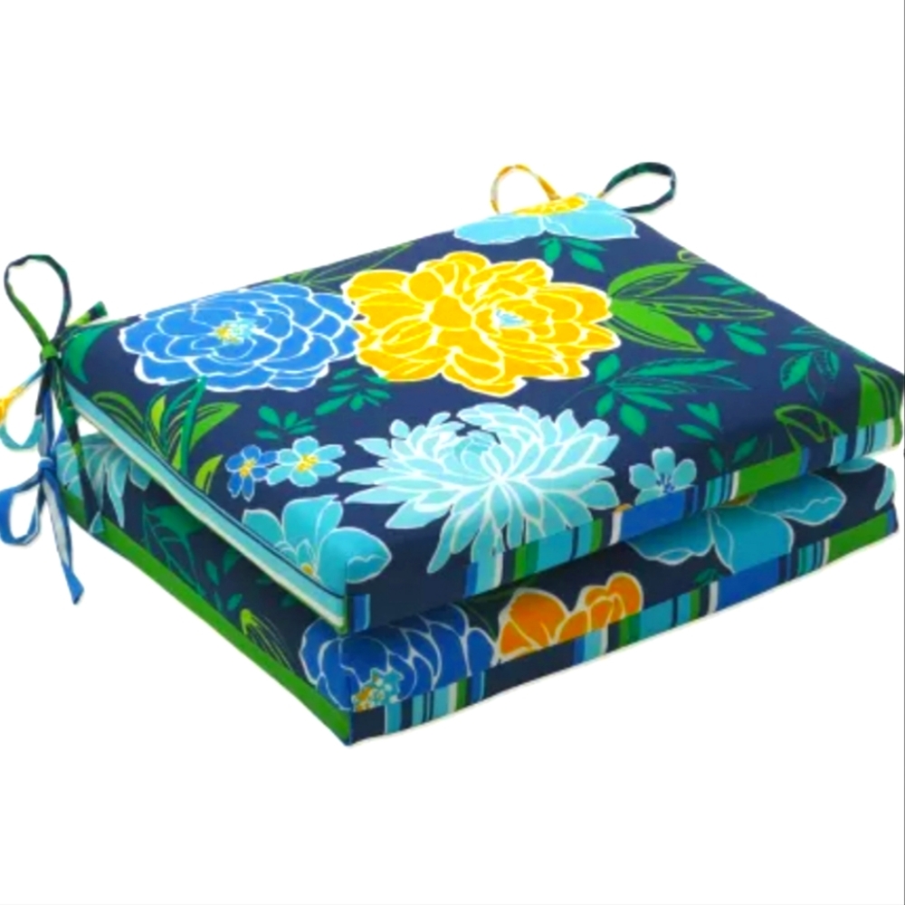 2pk Pillow Perfect Square Chair Pads NWOT Spring Bling / Sea Island Stripe Blue